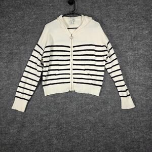 Rachel Zoe Striped Knit Hoodie Womens‎ XL Cream Black Zip Front Cropped Sweater